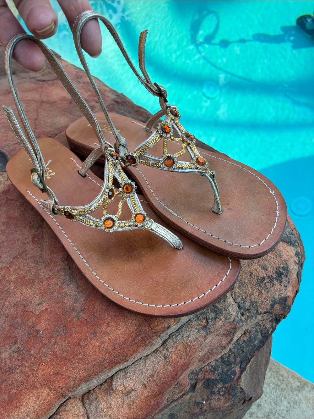 Matisse Women's Gold Jeweled T-Strap Sandals - leather sole Footbed 10
